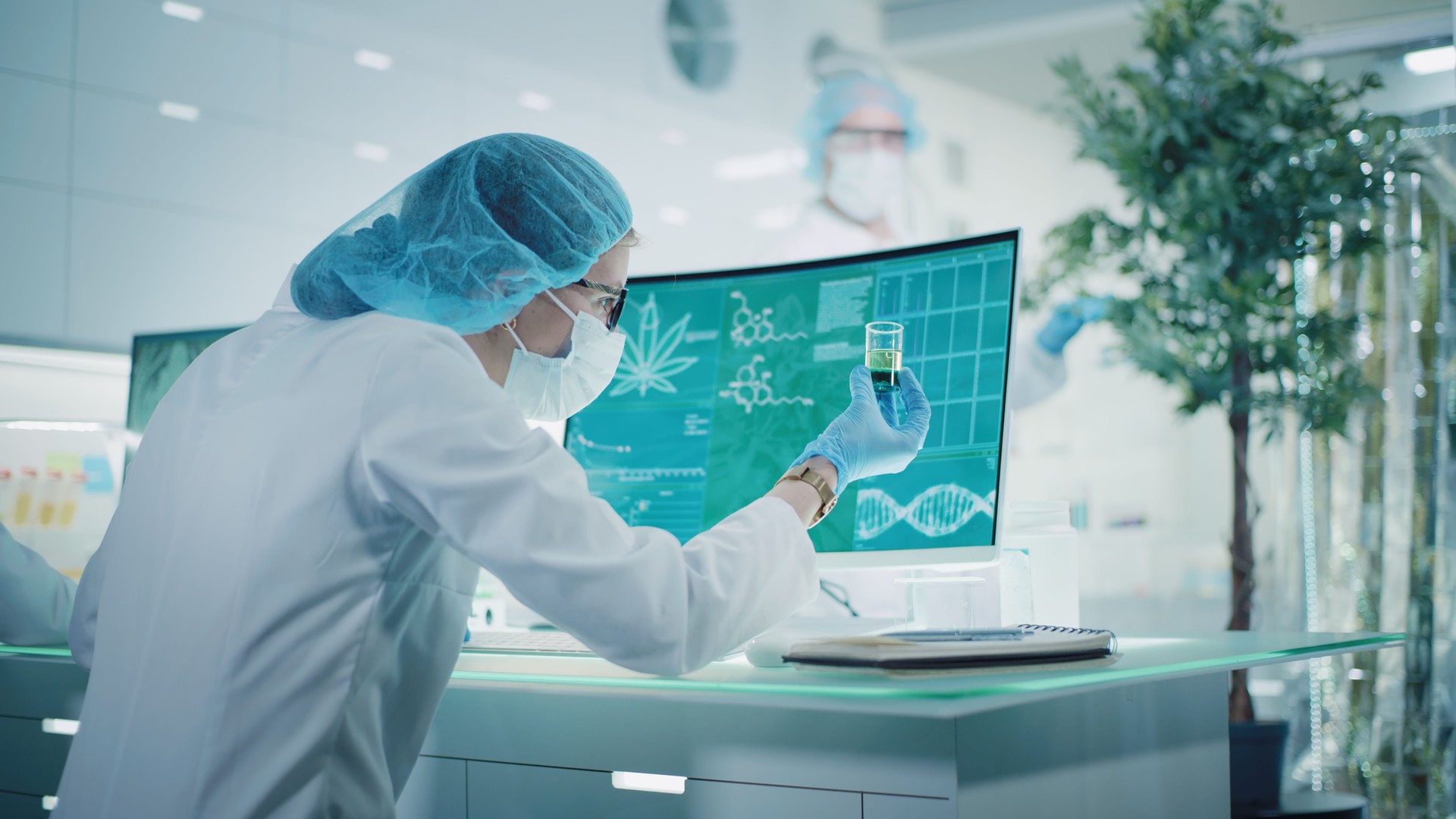 Female scientist testing medical marijuana, making notes. Team working in background. Charts and models on computer screens. Modern laboratory interior